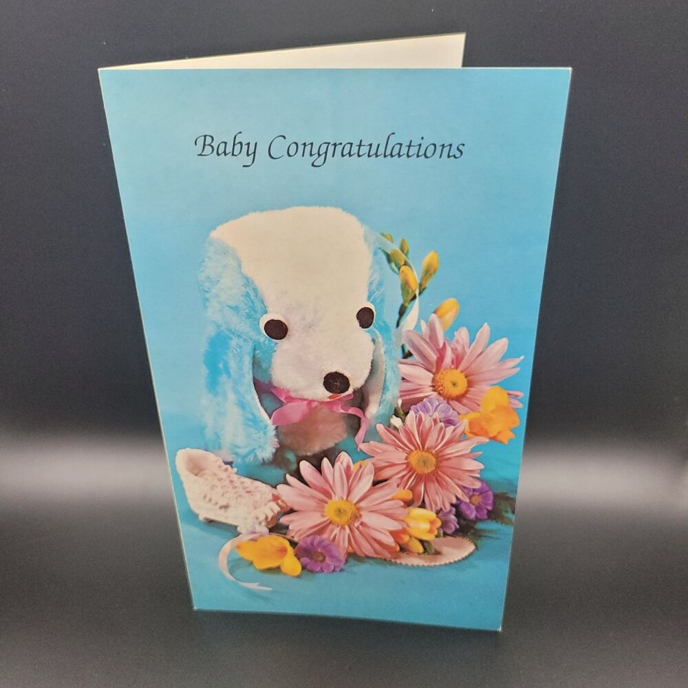 Vintage Sunshine Line Baby Congratulations Card‎ Stuffed Toy Flowers Unused